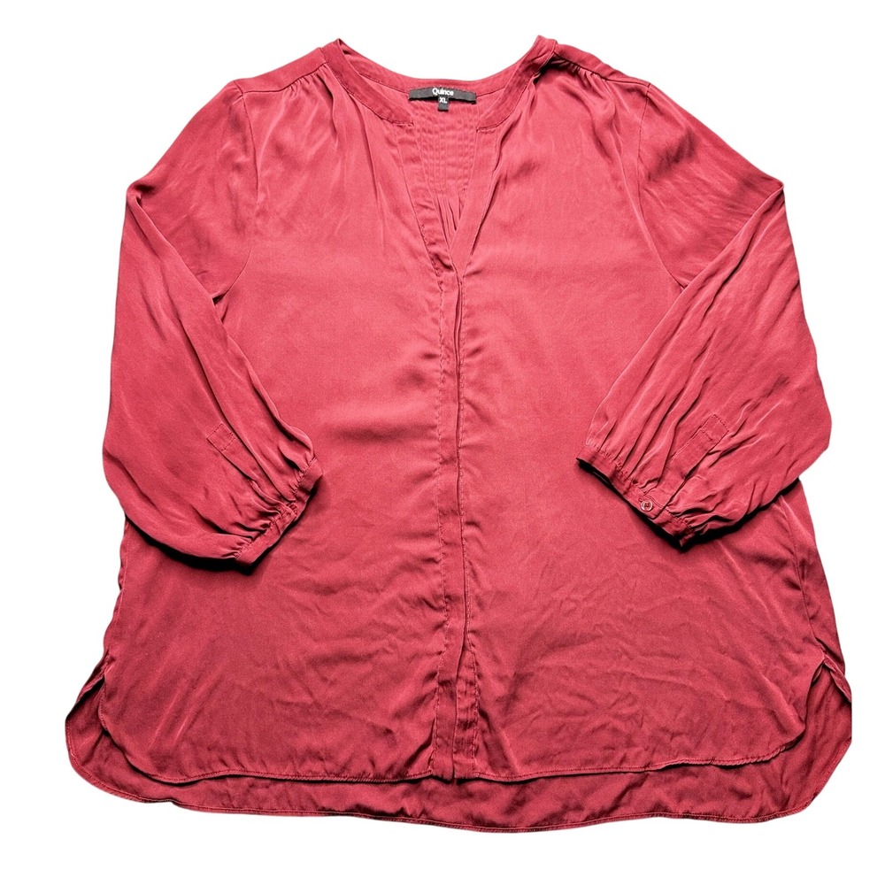 Quince Silk Stretch Blouse XL Burgundy Split Neck Pleated